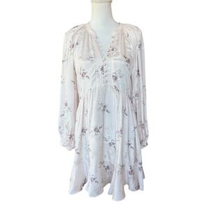 LoveShackFancy Pink Floral Jacquard Silk Blend Mini Dress Long Sleeve V-Neck S